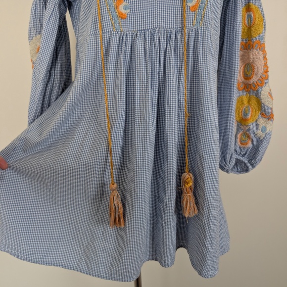 Zara Women Gingham Embroidered Mini Dress Long Sleeve Tassels Lantern Sleeve - Picture 2 of 15